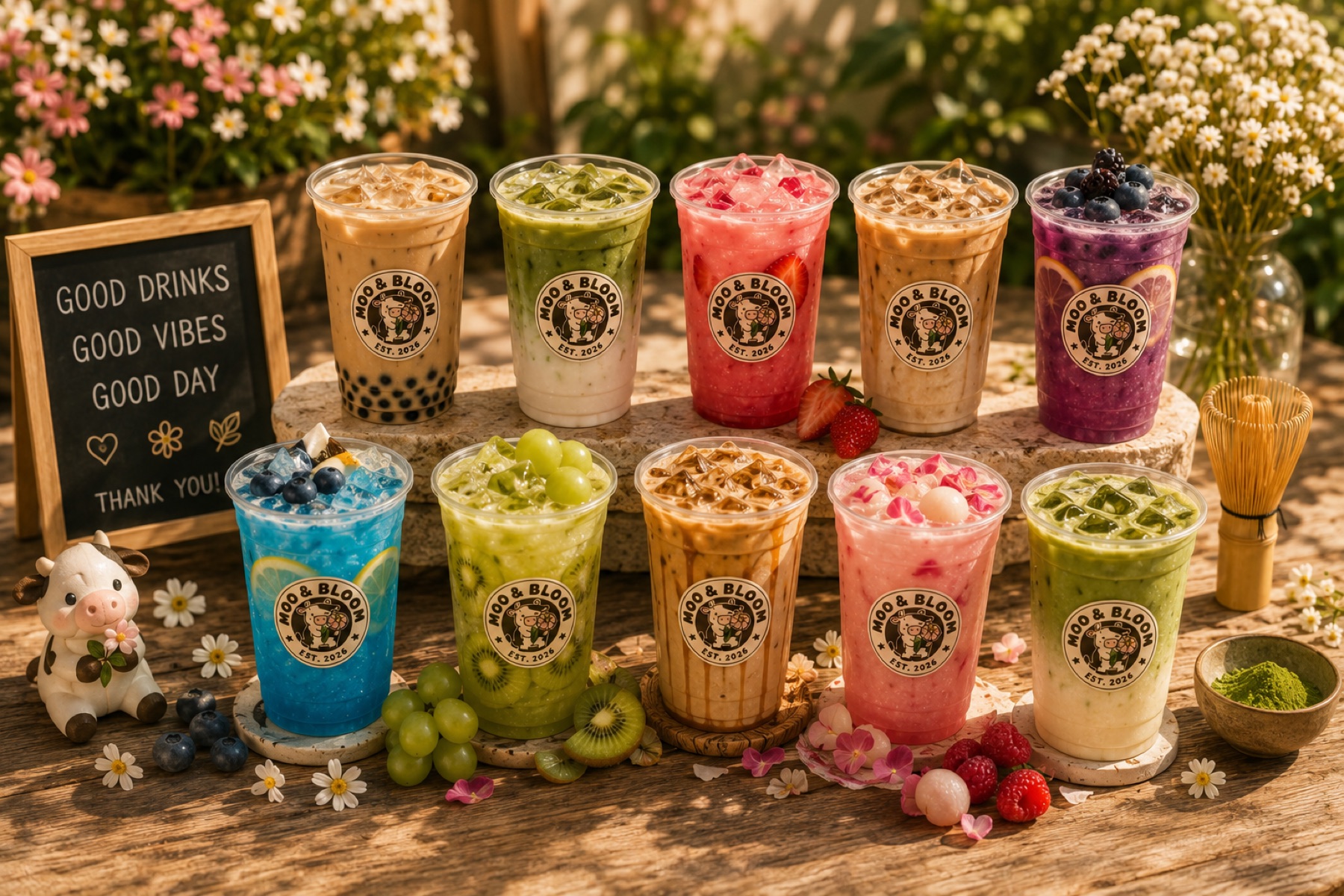 Moo and Bloom lineup of colorful coffees, matchas, refreshers, and milk drinks