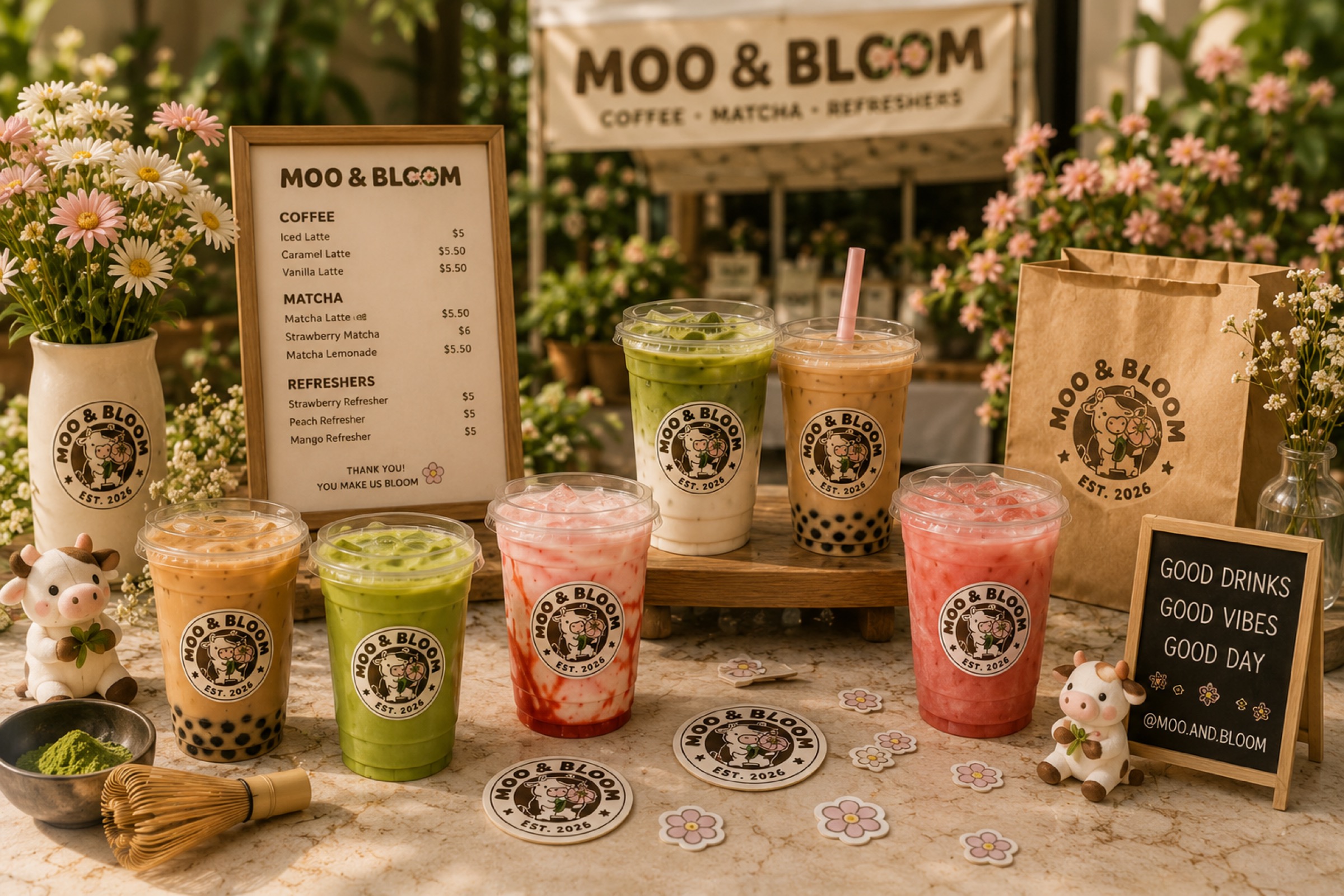 Moo and Bloom drink display with coffee, matcha, refreshers, and branded setup